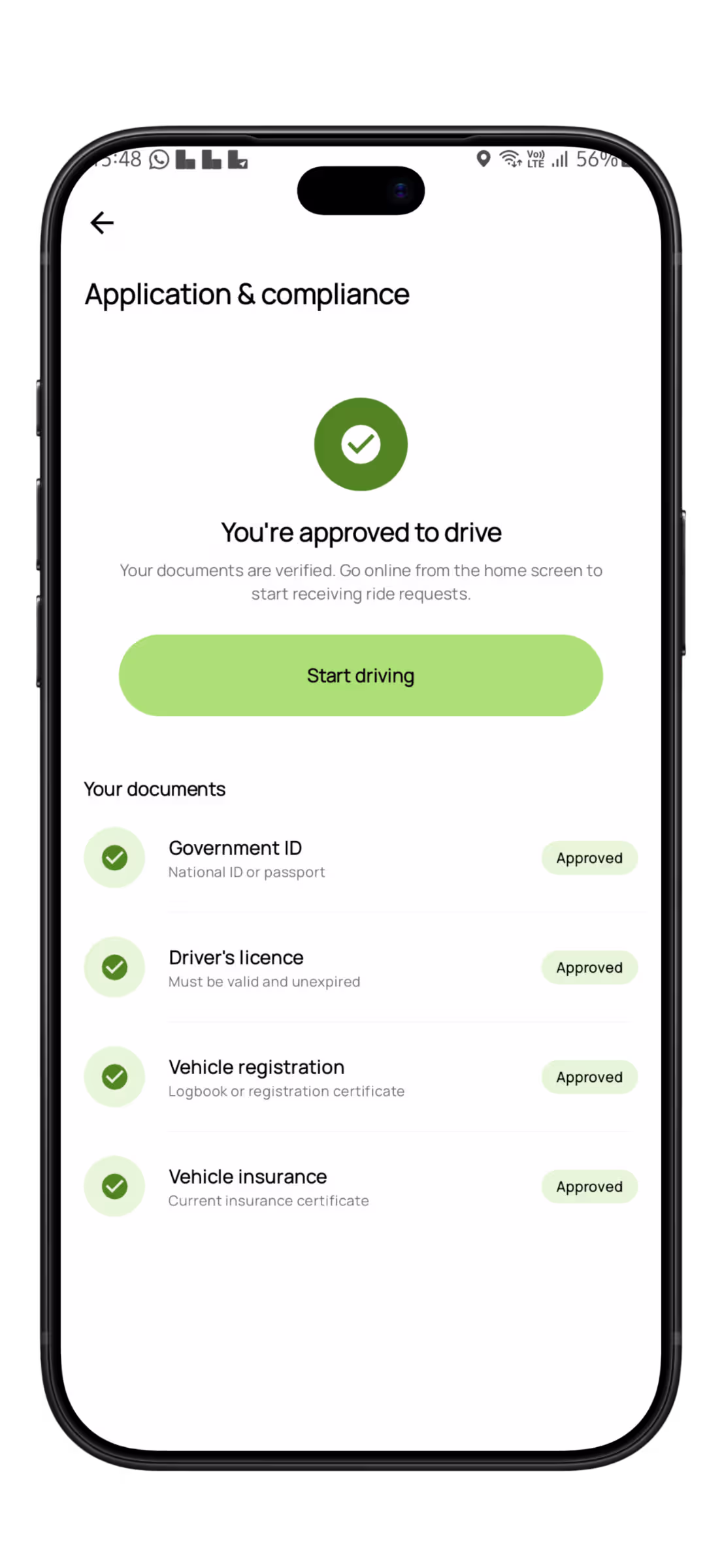 Driver app showing compliance approved